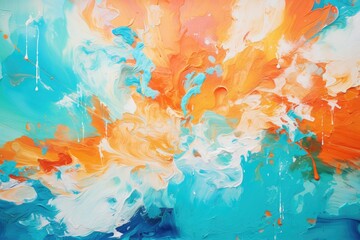 A vibrant abstract painting featuring a striking combination of blue, orange, and white tones, Play with orange and blue hues on a canvas to make them seem like splashing waters, AI Generated