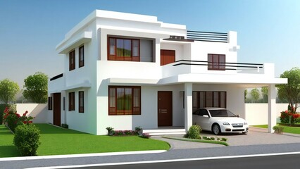 3d house model rendering on white background, Clean and precise 3D illustration modern cozy house. Concept for real estate or property.