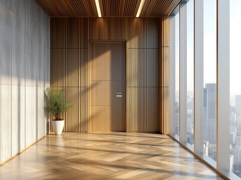 Luxury office with wooden door, luminous 3D objects, and minimalist grids. Dark white and light bronze accents on wooden panels and floor