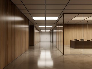 Minimalist office with wooden paneling, sharp-focus grids, and neutral colors. Clean, organized, and spacious workspace with a modern, sophisticated aesthetic