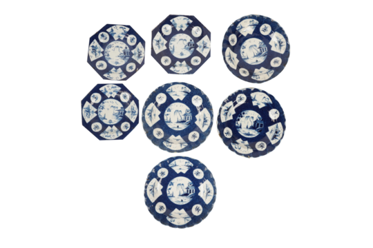 Antique blue and white plates collection vintage decorative wall decor plates on transparent background