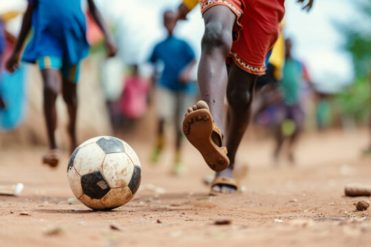 African children playing soccer at street. Black boys having fun in poor village. Cropped image of legs kicking ball