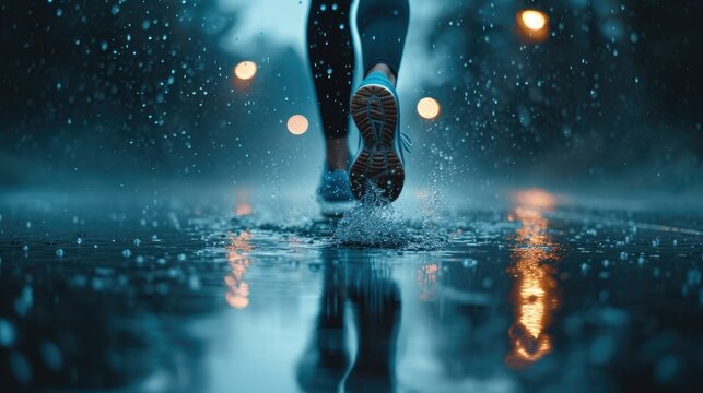 Woman running in torrential downpour with vibrant, illuminated raindrops. The intense, colorful image captures her determination and strength amidst the stormy backdrop