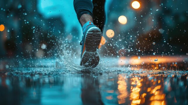 Jogger braving the rain with drenched shoes, running on wet pavement. Active lifestyle, fitness, and determination showcased in this hyper-realistic, sharp-focus image