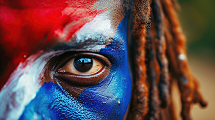 Close-up of black guy's face painted with blue and red paint. The gaze of a fan at an Olympic...