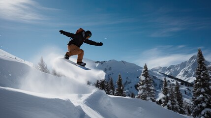 Naklejka na ściany i meble Snowboarder performing a jump against mountain backdrop