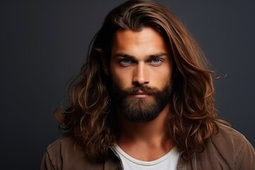Fototapeta premium A photograph of a man with long hair and a full beard.