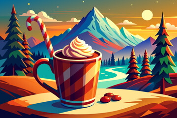 A mug of hot cocoa topped with whipped cream and a candy cane. vektor illustation