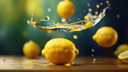 Fresh Lemon with drops of water on blurred background
