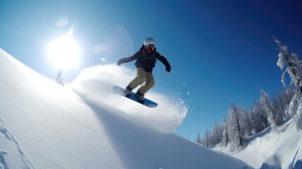 Naklejka na ściany i meble Snowboarder catching air on a bright, sunny mountain