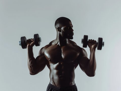 Muscular mid-30s man in a fitness gym, lifting dumbbells with maximum effort. Sharp-focus image on white background, showcasing his glistening sweat, toned physique, and bulging biceps