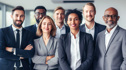 Portrait of multi-cultural business team in office. Diversity people group team union concept. Business people team meeting in modern office. 
