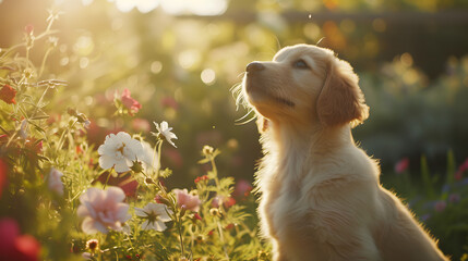 pet photography, a playful puppy in a flower garden, capturing joy and innocence, soft focus on the background 