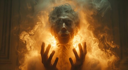 A figure engulfed in fiery smoke, battling the intense heat and flames - Powered by Adobe