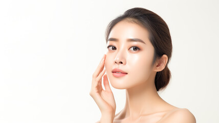 Fototapeta premium Beautiful young asian woman with perfect skin touching her face. Facial treatment. Cosmetology, beauty and spa concept. 