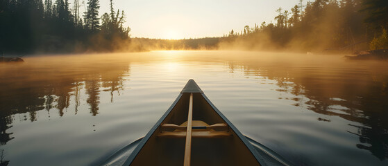 erene canoeing on a misty lake at dawn, paddle cutting through water, wide shot for a sense of adventure and tranquility - obrazy, fototapety, plakaty
