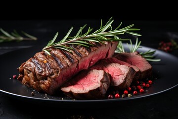 sliced ready, juicy beef steak on a black plate, dark background