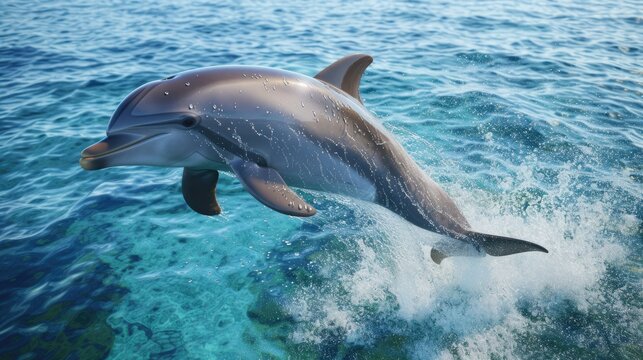 A vibrant image of a sleek dolphin, frozen in a sharp-focus leap, glistening under sunlight in crystal clear waters