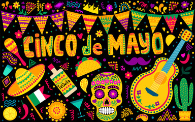 Cinco de Mayo Mexican holiday flat style vector set. Big Mexican fiesta set. Cinco de Mayo celebration vector flat collection