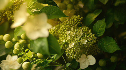 Serene greenery Sunlit hydrangea bushes with blooming flowers in a garden