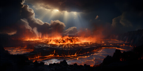 Fire in volcano with magma under dark sky