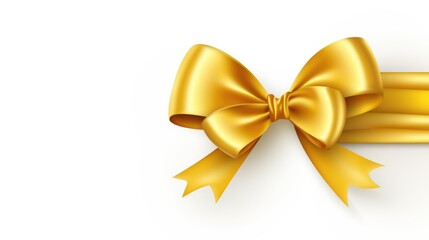Yellow Bow Design Element. Isolated Gold Colored Ribbon Corner on White Fabric Background