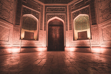 Evening exterior of Kalon Po-i-Kalyan Mosque, Mir Arab madrasasi and Kalyan Minaret in the ancient...