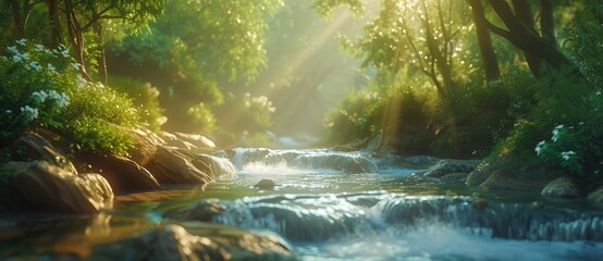 A serene forest river bathed in sunlight, reflecting the vibrant foliage and shimmering aquamarine water. Tranquil and picturesque, an escape into nature's beauty