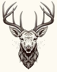 Vintage Black Deer Head Illustration. Isolated Cervid Engraving for Christmas Clip Art and Forest
