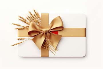 Three-Dimensional Gold Gift Card with Red Ribbon Bow. Minimalist Concept for Anniversary, Birthday