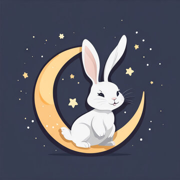 rabbit and moon in flat style design isolated in the center of the image with a solid color background  