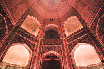 Evening exterior of Kalon Po-i-Kalyan Mosque, Mir Arab madrasasi and Kalyan Minaret in the ancient...