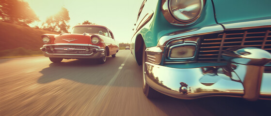 vintage car race, classic automobiles in a scenic countryside, motion blur to convey speed, nostalgia and adventure