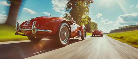 vintage car rally, classic automobiles in a scenic countryside, motion blur to convey speed, nostalgia and adventure