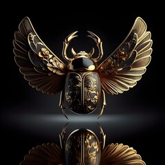 The scarab beetle is made of real gold. Beautiful black decorative textiles highlight floral patterns.
