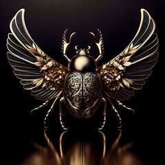 The scarab beetle is made of real gold. Beautiful black decorative textiles highlight floral patterns.
 - obrazy, fototapety, plakaty