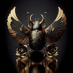 The scarab beetle is made of real gold. Beautiful black decorative textiles highlight floral patterns.
 - obrazy, fototapety, plakaty