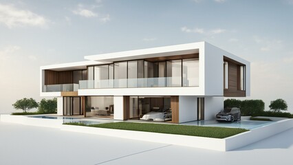 Fototapeta premium Modern white house, contemporary home design, luxury residential building, sleek architecture