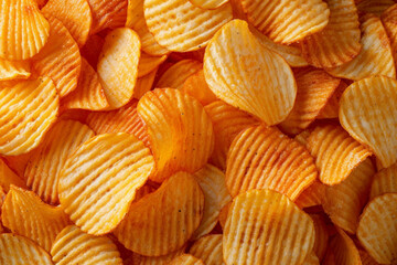 View the potato chip production line at a food industrial plant, featuring filling machines for snacks. An aerial perspective captures the efficient manufacturing process