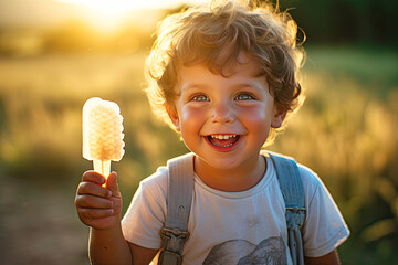 happy child with a popsicle in his hand. Golden hour