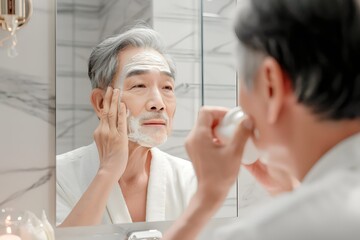 Old asian man taking care of her skin applying lotion on her moisturizing face in front of the bathroom mirror