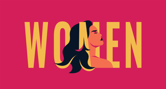 Beautiful woman with big word WOMEN for print and web designs. Concept with strong girl in pink and yellow colors.Horizontal Banner or poster with Female character for 8 march day. Vector illustration
