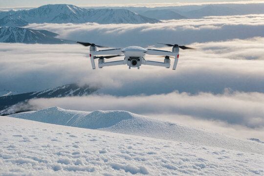 drone quadcopter in snowy mountains and clouds