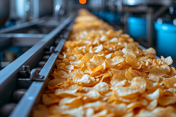 View the potato chip production line at a food industrial plant, featuring filling machines for snacks. An aerial perspective captures the efficient manufacturing process