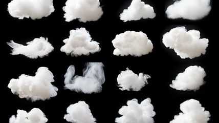 Set of realistic isolated white clouds on the black background.  