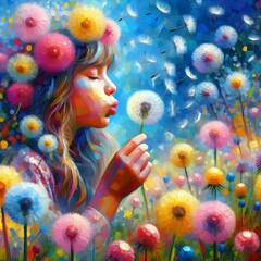 A colorful image of a young girl blowing dandelion seeds across a meadow.
