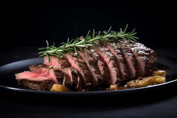 sliced ready, juicy beef steak on a black plate, dark background