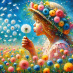A colorful image of a young girl blowing dandelion seeds across a meadow.
 - obrazy, fototapety, plakaty