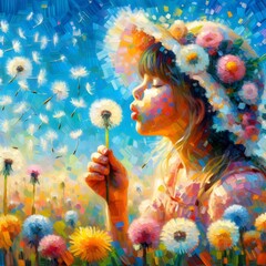 A colorful image of a young girl blowing dandelion seeds across a meadow.
 - obrazy, fototapety, plakaty
