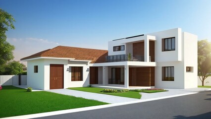 3d house model rendering on white background, Clean and precise 3D illustration modern cozy house. Concept for real estate or property.